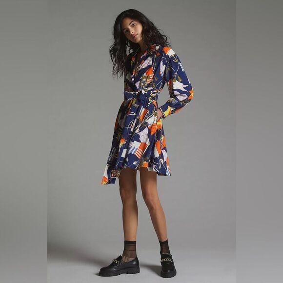 Anthropologie Maeve Mini Belted Button Down Nautical Print Shirtdress - Picture 4 of 8